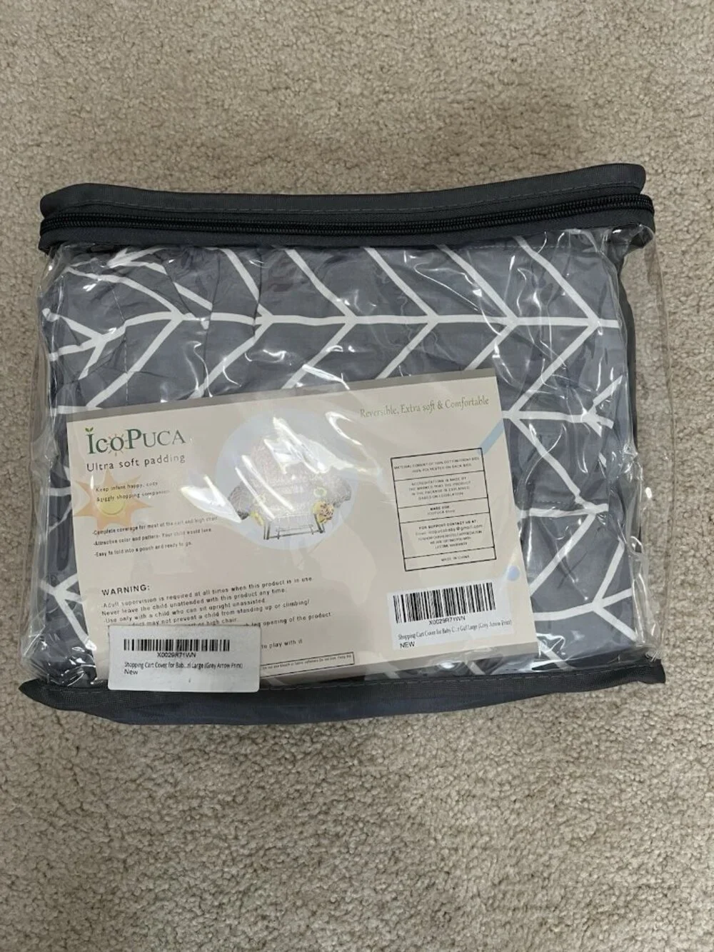 Ico Puca Shopping Cart Cover For Baby Large Grey Arrow Print Reversible